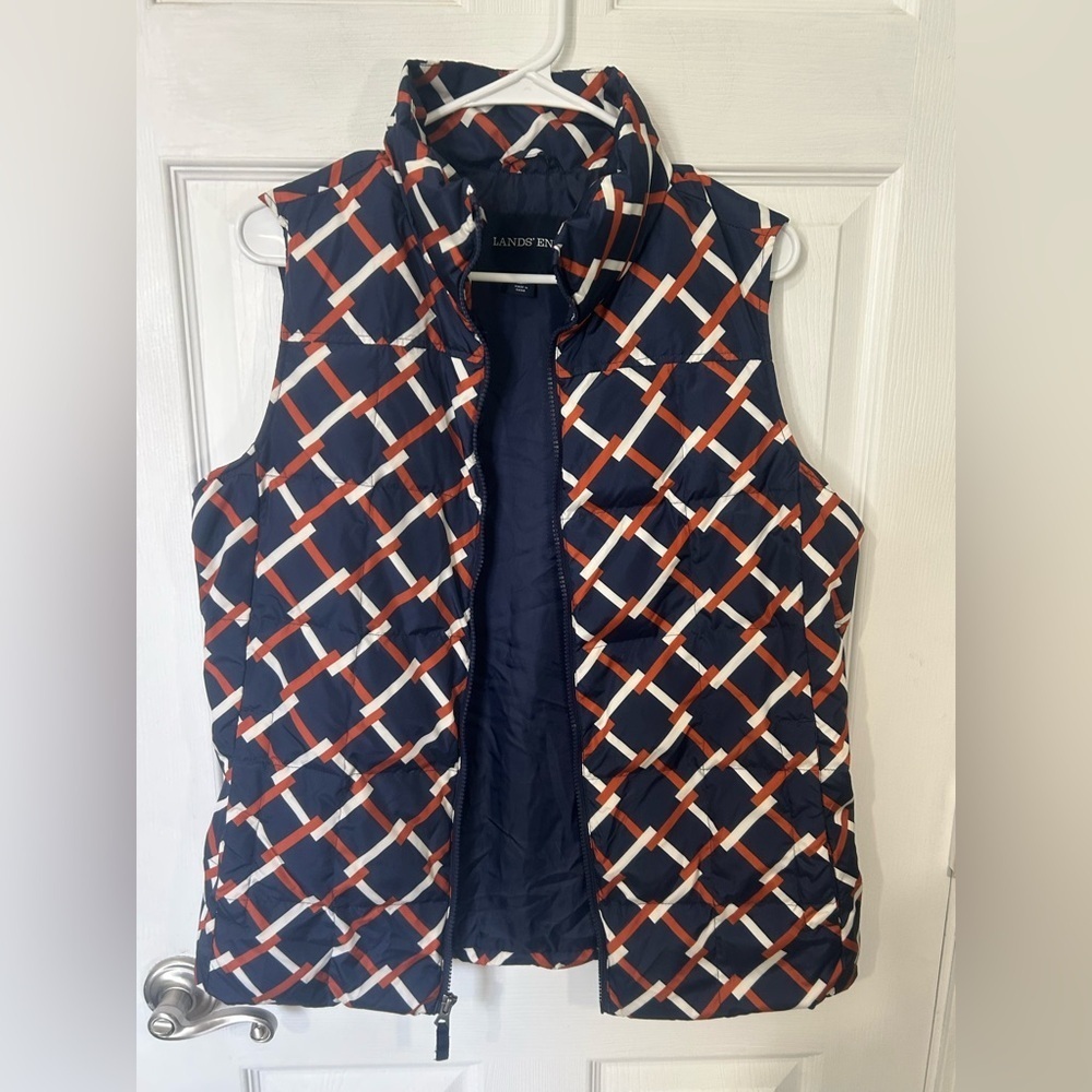 Lands' End womens puffer vest navy orange white geometric size Medium size 10-12 - Picture 10 of 12